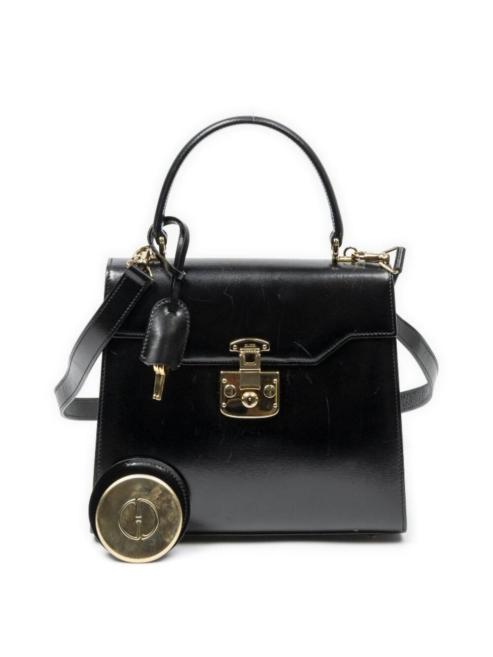 Gucci Vintage Lock Top Handle Black Smooth Leather